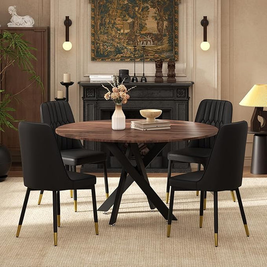 RGZ Mid Century Walnut Round Dining Table Set for 4, 47" Large Wooden Circle Kitchen Table & 4 Black PU Leather Kitchen Chairs, Dinner Table Set for Home, Apartment, Dining Room