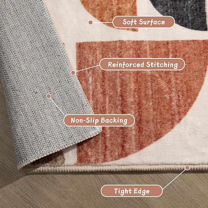 MUJOO Round Rugs 6ft,Circle Area Rug Washable,Circular Rugs for Living Room Dining Room,Large Boho Non Slip Throw Floor Carpet Modern Abstract Bohemian Terracotta