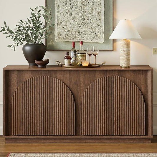 win2win Fluted Sideboard Buffet Cabinet with Storage, 65" Mid Century Modern Accent Cabinet with Double-Layered Arch Doors,Wood Media TV Console Table Credenza for Living Room Hallway Entryway,Walnut