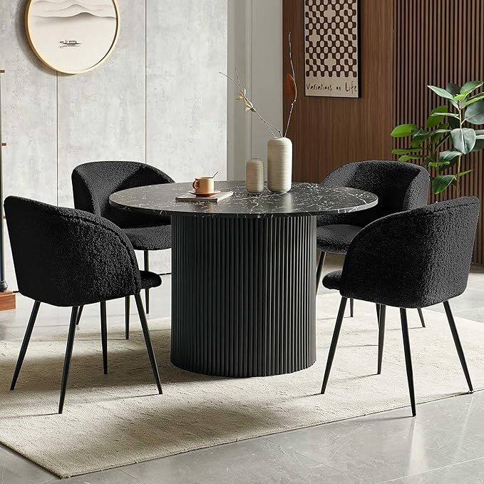 Black Dining Table Set for 4, 5-Piece Mordern Kitchen Dining Room Table Set, 47-Inch Round Breakfast Nook Dinner Table Fluted and Upholstered Sherpa Fabric Dining Armchairs Set
