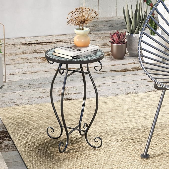 Giantex Outdoor Side Table, Mosaic Patio Table, 12 inch Accent Table Plant Stand Indoor, Ceramic Tile Top Metal Frame, Small End Table Porch Beach Patio Garden Balcony Poolside (Wave)