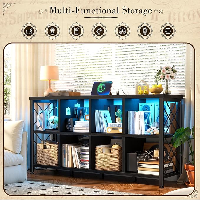 DurayLoly 8 Cube Shelf Organizer with LED Light and Charging Station, Wood and Metal Cube Shelf as Long Horizontal Book Shelf for Bedroom Home Office, Black