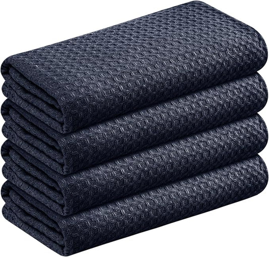 Navy Waffle Kitchen Dish Towels, 100% Cotton, Quick Dry, Super Absorbent, Soft, Lint-Free, 16x26 Inches - Ideal for Dish Drying, Tea, Cleaning, and Everyday Use, 4 Pack, Navy Blue