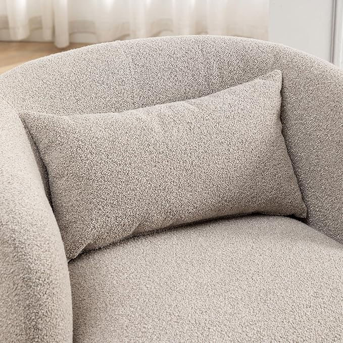 KINWELL 34" Wide Boucle Swivel Barrel Chair, No Assembly Round Upholstered Armchair Accent Chair Single Sofa Chair with Toss Pillow for Living Room and Bedroom, Taupe
