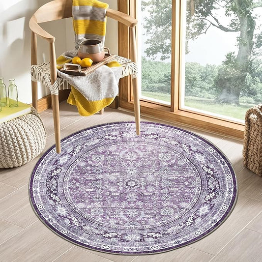 OPPODREAM Vintage Purple Round Rug 4ft, 4 ft Retro Washable Circle Rug Non Slip, Low-Pile Faux Wool Circular Carpet, Distressed Floor Mat for Living Room, Bedroom, Office, Dorm, Dinning Room