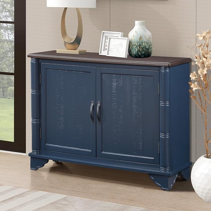 40" Retro Sideboard Storage Cabinet with 2 Doors, Wooden Console Table with Adjustable Storage Shelf, Sofa Table for Hallway, Entry Way, Living Room, Dining Room, Navy Blue and Brown