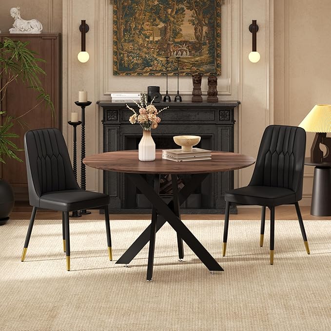 RGZ Mid Century Walnut Round Dining Table Set for 2, 36" Small Wooden Circle Kitchen Table & 2 Black PU Leather Kitchen Chairs, Dinner Table Set for Home, Apartment, Dining Room