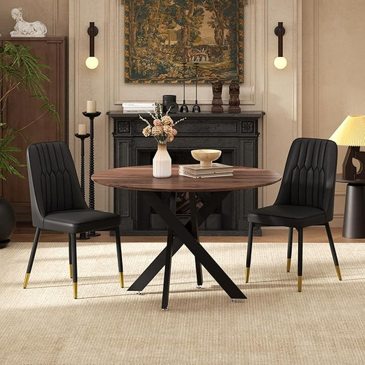 RGZ Mid Century Walnut Round Dining Table Set for 2, 36" Small Wooden Circle Kitchen Table & 2 Black PU Leather Kitchen Chairs, Dinner Table Set for Home, Apartment, Dining Room