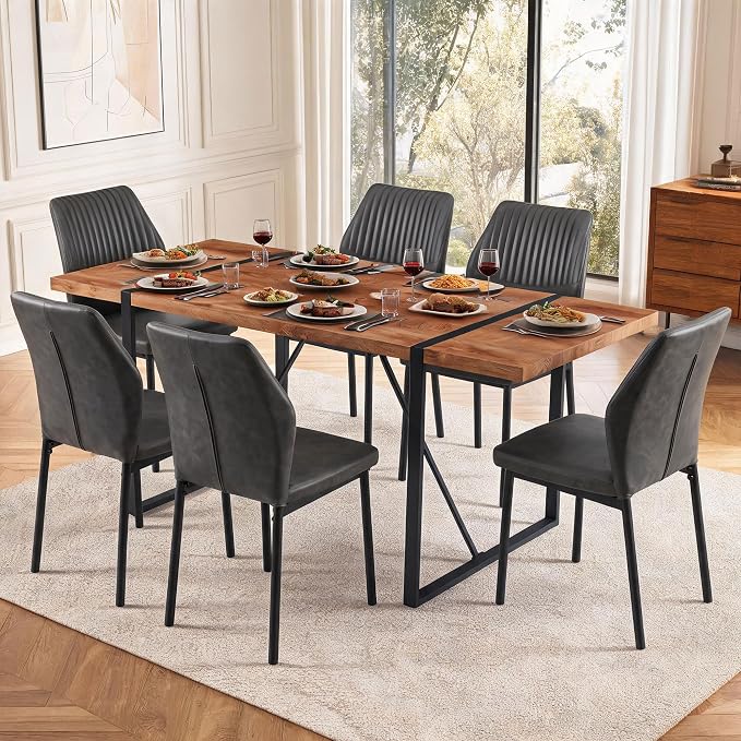 Dining Chairs Set of 6, Dark Grey PU Leather Dining Chairs, Comfortable Upholstered Armless Kitchen Chairs with Black Metal Legs for Living Room, Dining Room, Kitchen