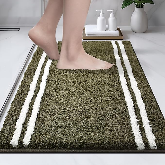 PURRUGS Bathroom Rug Non-Slip Machine Washable 20" x 30", Super Absorbent and Quick Dry Shaggy Microfiber Bath Mat, Extra Soft and Plush Bath Rug for Bathtub, Shower, and Sink, Olive Green