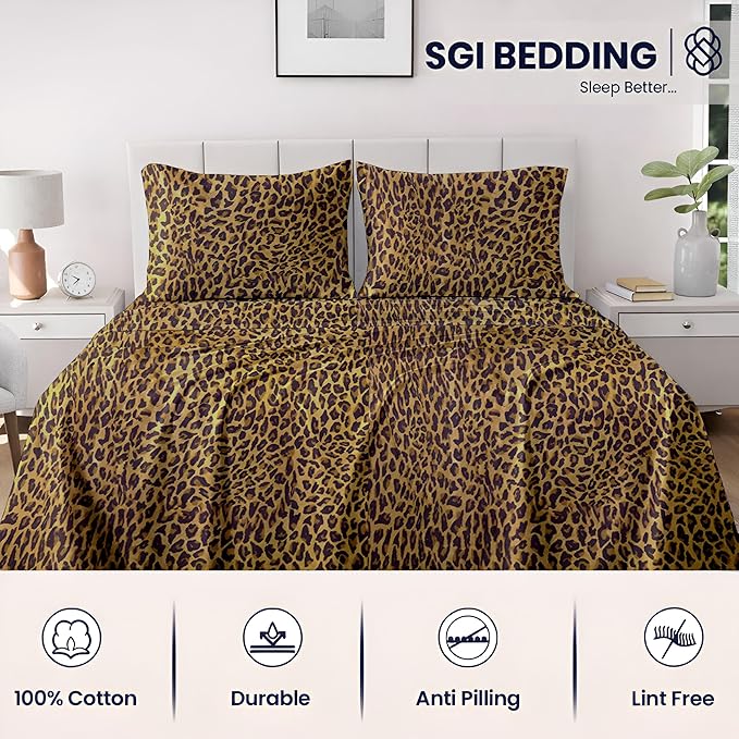SGI Split King Sheet Set for Adjustable Bed Egyptian Premium Cotton 600 Thread Count Sheets for Sleep Number Bed 15" Deep Pocket 5 Pc Set with 2 Twin XL Fitted Sheets Soft Breathable -Leopard Print