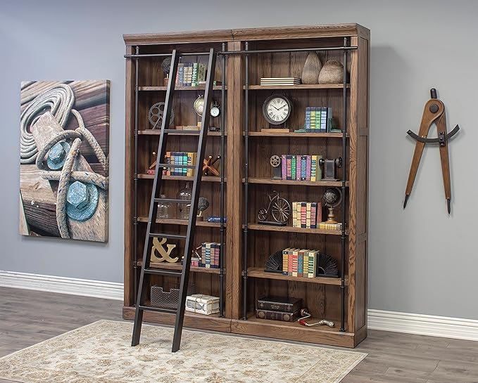 Martin Furniture Avondale 8' Tall Bookcase Wall with Ladder, Storage Organizer, Display Shelf for Office, Brown