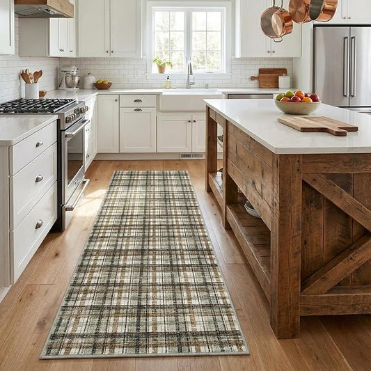Washable Runners for Hallways 2x8 Rug Modern Bathroom Rugs Non Slip Kitchen Rugs Farmhouse Low Pile Entryway Rug Soft Stain Resistant Carpet for Laundry Hallway Bedside, 2'x8' Celadon&Coffee