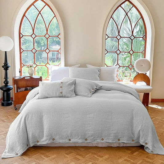 Simple&Opulence 100% Linen Duvet Cover Set 3pcs with Coconut Button Closure Natural French Washed Flax Solid Color Soft Breathable Farmhouse Bedding - Light Grey, King Size