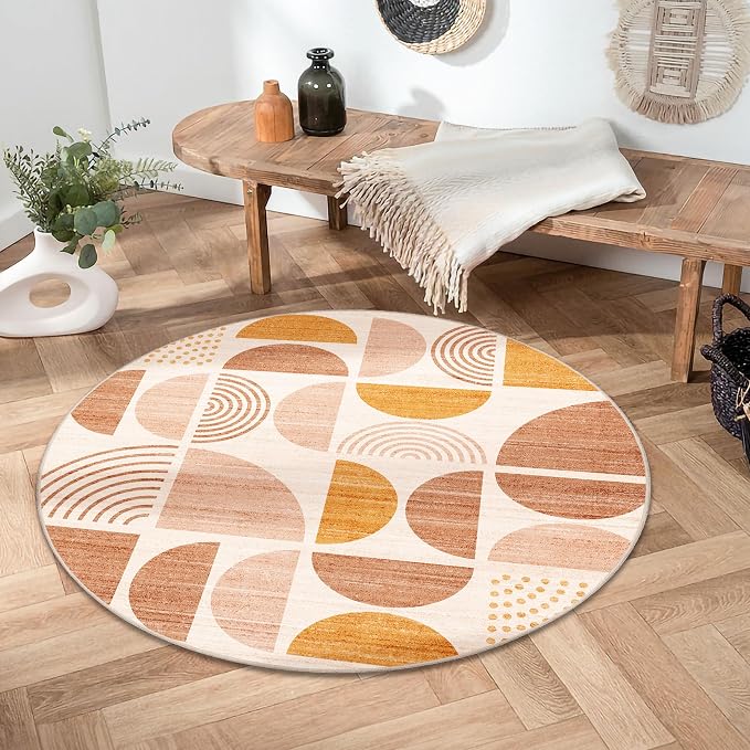 MUJOO Round Rug 4ft,Small Circle Area Rug Washable,Circular Rugs for Entryway Bedroom Kitchen,Boho Non Slip Throw Floor Carpet Modern Abstract Bohemian Orange