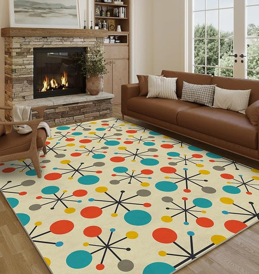 8x10 Retro Area Rug for Living Room Bedroom Dining Room, Mid Century Modern Atomic Living Room Rug Non-Slip, Yellow Floor Rug Carpet Machine Washable
