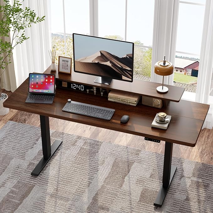 55 x 24 Inches Electric Standing Up Desk with Monitor Shelves,Height Adjustable Computer Desk from 28-46''with Memory Controller,Modern Home Office Desk for Work,Study,Walnut