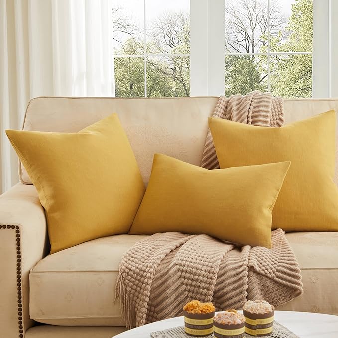 ZeeMart Rustic Cotton Linen Throw Pillow Covers Set of 2, 24x24 Inch Yellow, Farmhouse Style Decorative Couch Pillow Cases Cushion Covers for Sofa Bed Living Room Home Decor