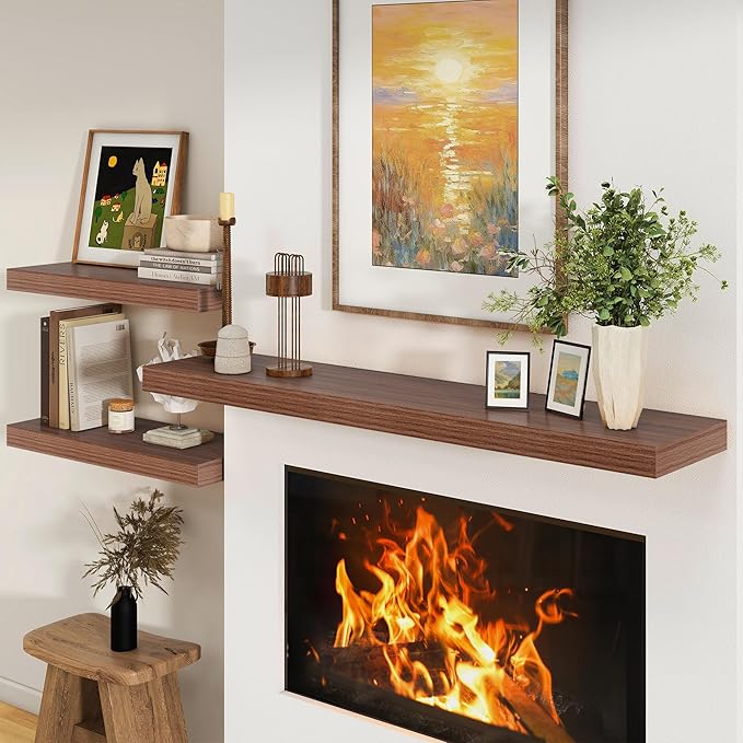 12 Inch Deep Floating Shelves | 55 Inch Walnut Floating Shelves | 55" W x 12" D Rustic Wood Shelves for Wall | Deep Walnut Shelves for Living Room Bathroom Laundry Room Kitchen