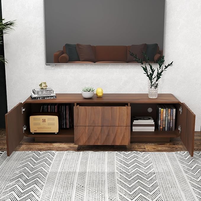 LKTART 58'' TV Stand with Storage & 2 Drawers, Modern TV Console with Water Ripple Door Panels Mid-Century Credenza Sideboard Buffet Cabinet for Kitchen & Living Room (Walnut)