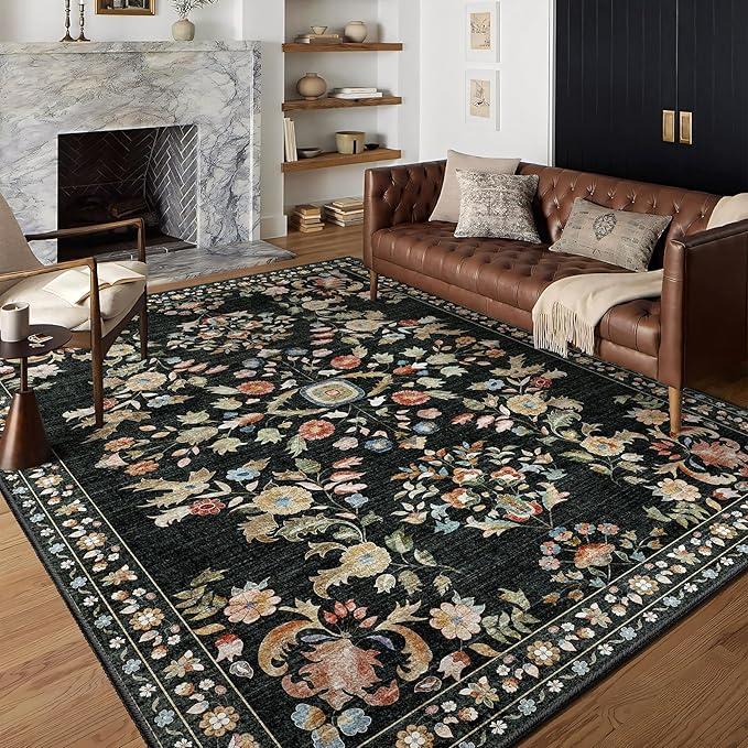 MUJOO Black Rug 6x9,Washable Floral Rugs for Living Room Bedroom Dining Room,Boho Indoor Floor Rug Large Non Slip Throw Carpet Low Pile Vintage