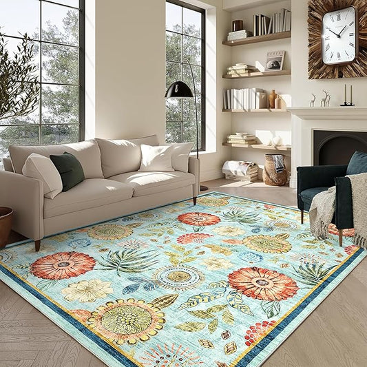 Washable 9x12 Vintage Floral Area Rug Non Shedding Living Room Large Carpet Non Slip Modern Botanical Solid Indoor Carpets Low Pile Floral Rug Soft Thin Mat for Classroom Dining Room, Blue