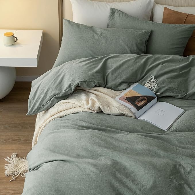 JIYUAN 100% Washed Cotton Duvet Cover Set 3 Pieces Queen, 1 Duvet Cover 90x90 Inches(Comforter Not Included) and 2 Pillowcases,Linen Feel Bedding Set Comfy and Breathable, Heathered Green