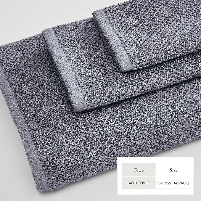 Great Bay Home 100% Cotton 4 Pack 54x27 Bath Towel Set - Absorbent, Quick-Drying, Durable Towels for Bathroom Decor - Low-Twist, Two-Ply Fibers (Chambray Blue)