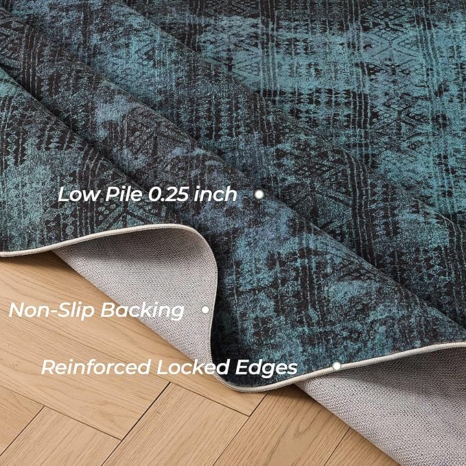 Kokia Abstract Area Rugs Washable Indoor 6x9 Rug Boho Distressed Retro Low Pile Non-Slip Non-Shedding Deep Teal Carpet Bedroom Living Room Dining Room, Ocean Teal