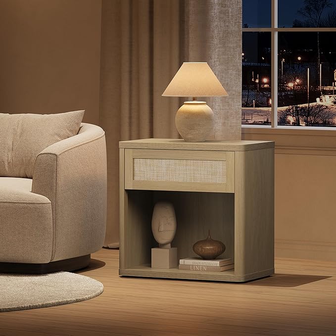 SICOTAS Night Stand 26" Wide Large Nightstands with Drawer & Shelf Storage Rattan Bedside Table Boho End Table Tall Bed Side Tables Night Stands for Bedroom Living Room Sofa Office Dorm, Sand Oak