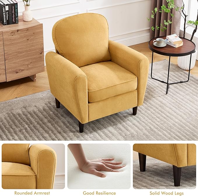 Accent Chair Set of 2, Mid Century Modern Arm Chair with Thick Cushion and Back, Comfy Upholstered Reading Chair Single Sofa Chair for Living Room, Bedroom, Club, Yellow