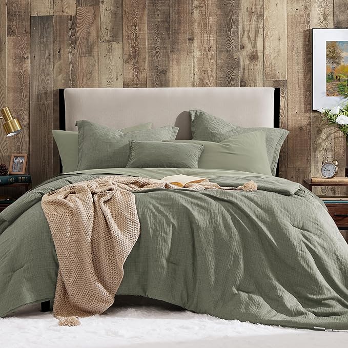 Geniospin California King Comforter Set - 7 Pieces Sage Green Cal King Bedding Set, Solid Bed Set for All Season, Textured Bed in a Bag with Flat Sheet and Fitted Sheet, Pillowcases and Shams