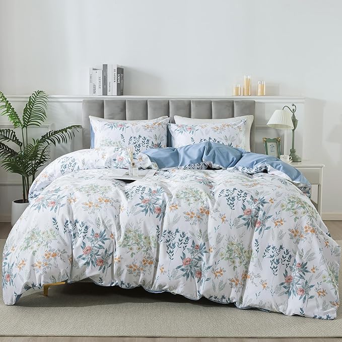 HoneiLife Floral Duvet Cover King - 100% Cotton Comforter Cover, Wildflower Bedlinen Set with Zipper Closure & Corner Ties, Botanical Comforter Cover Sets 3-pcs