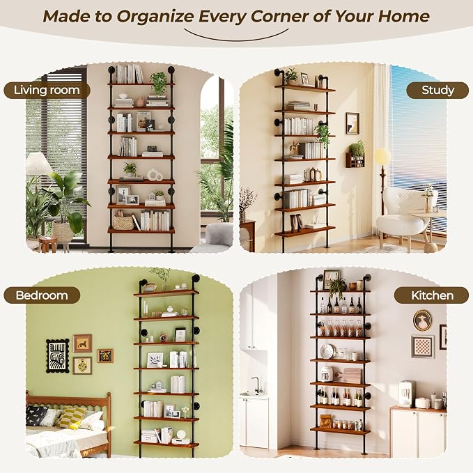 7 Tier Industrial Ladder Shelf Bookcase, Wall Mounted Rustic Bookshelf for Living Room Decor and Storage (Walnut Color, 7 Tier - 10" D x 36" W x 95.5" H)