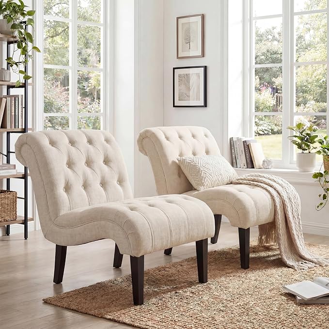 Accent Chairs Set of 2 Mid Century Modern Tufted Upholstered Chair for Living Room Bedroom Curved Armless Side Chairs with Wood Legs Linen Fabric