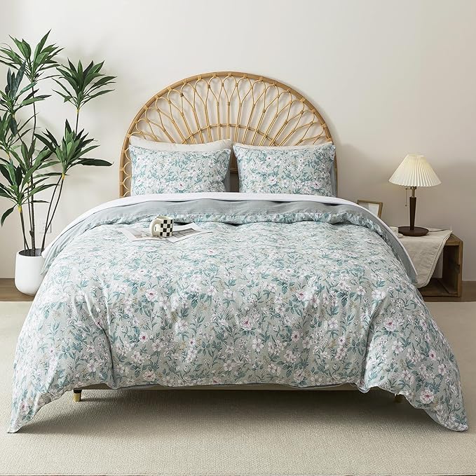 HoneiLife Wildflower Duvet Cover Queen - 100% Cotton Comforter Cover 3-PC, Botanical Bedlinen Set with Zipper Closure & Corner Ties, Floral Comforter Cover Sets, Greenery