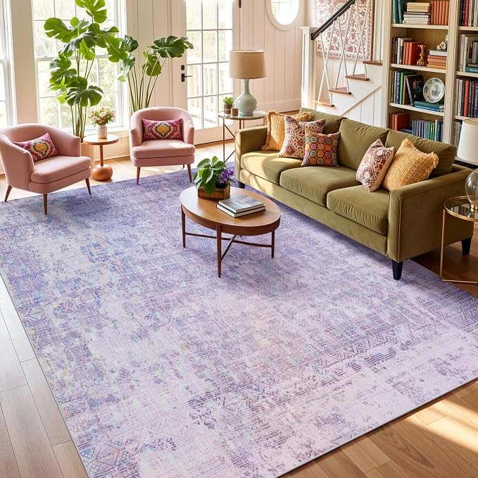 Kokia Abstract Area Rugs 8x10 Bedroom Soft Living Room Rugs Washable Distressed Vintage Comfy Lavender Carpet with Non-Slip Backing for Farmhouse Home Office Room Decor