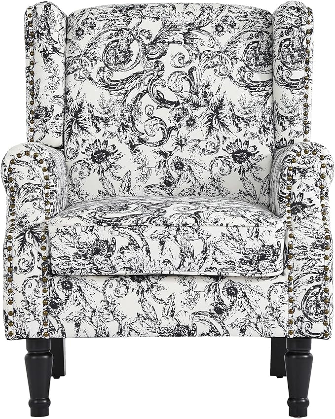 High Back Accent Chairs Set of 2, Fabric Upholstered Armchair Floral Wingback Chair for Living Room, Comfy Single Sofa Solid Wood Legs Bedroom Reading Seat - Rococo Black