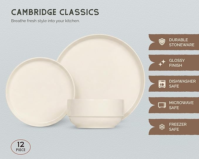 Vase and Vessel Ceramic Dinnerware Set, 12-Piece Service for 4, Soup Bowls (25 oz), Salad Plates (7.5"), Dinner Plates (10"), Round, Microwave and Dishwasher Safe, Ivory, Cambridge Classics