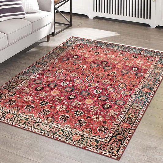 vivorug Washable Rug, Ultra Soft Area Rug 5x7, Non Slip Throw Rug, Stain Resistant Rugs for Living Room Bedroom Kitchen, Vintage Floral (Cherry Red/Spice, 5'x7')