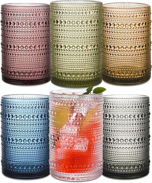 Colored Hobnail Drinking Glasses Set of 6, 15 oz Vintage Highball Glasses, Drinkware Kitchen Glasses for Cocktail, Iced Coffee, Beer, Ice Tea, Wine, Whiskey, Water