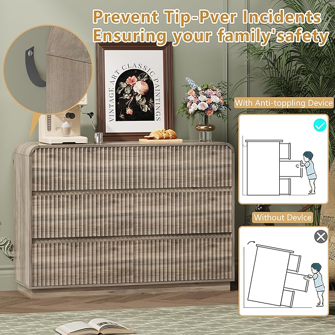 Grey Dresser Fluted 6 Drawers Dresser for Bedroom, 47" Wide Wood Chest of Drawers with Hidden Handles & Rounded Corners, Modern TV Stand Storage Cabinet for Living Room, Hallway, Entryway