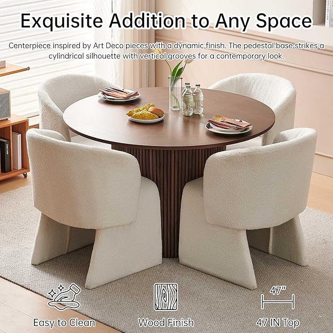 NORDICANA 5-Piece Round Dining Table Set for 4, Rustic 47-Inch Kitchen Table and Chair Set, Dining Set with Off White Upholstered Armchairs, Manufactured Wood Top with Walnut Veneer