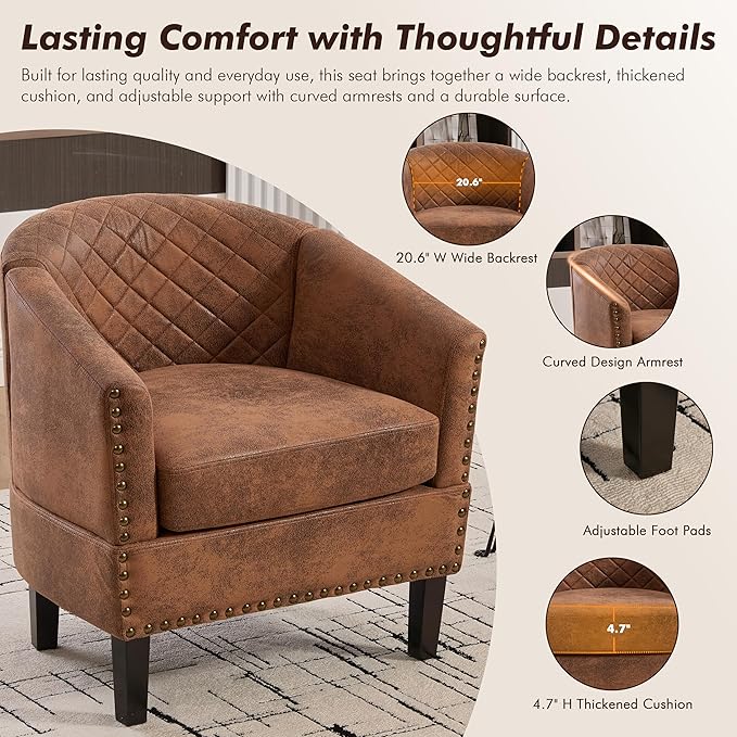 QQU Barrel Accent Chair, Retro PU Leather Club Chair with Nail-Heads, Upholstered Armchair for Living Room, Bedroom, Waiting, Office (Coffee)