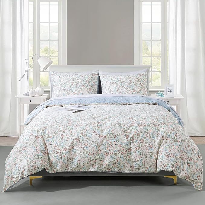 HoneiLife Wildflower Duvet Cover Queen - 100% Cotton Comforter Cover Sets, 3-PC Comfortable Floral Bedlinen Set, Botanical Duvet Cover with Zipper Closure & Corner Ties