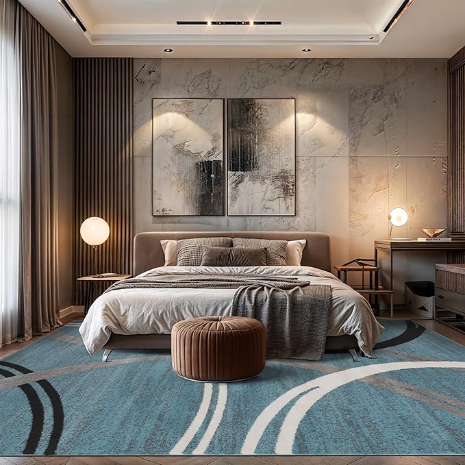 Rugshop Modern Wavy Circles Design Area Rug, Fade-Resistant Carpet Alfombras, Perfect for Bedroom, Dining Room and Living Room, Blue, 8'8" x 12'