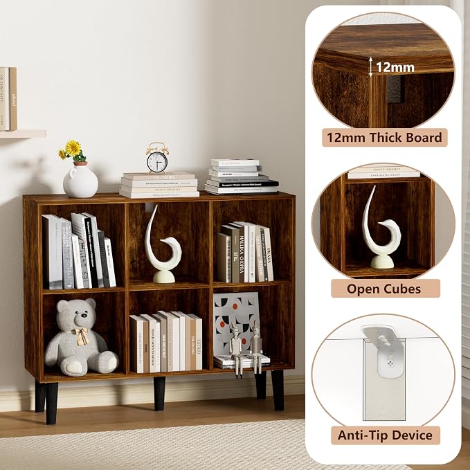 6 Cube Bookcase, Wooden Book Shelf Cube Storage Organizer with Legs, 2 Tier Bookshelf Freestanding Open Shelves for Home Office, Living Room, Bed Room (Brown, 6 Cube Horizontal)