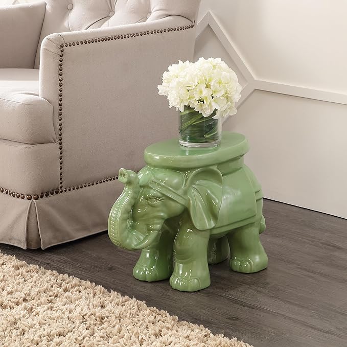 JONATHAN Y TBL1007F White Elephant 14.25" Ceramic Indoor/Outdoor Garden Stool Coastal, Contemporary, Transitional, Patio, Garden Room, Bathroom, Living Room, Green