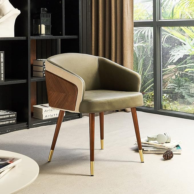 ARTPLAN Modern Upholsted Accent Dining Chairs,Mid-Century Faux Leather with Walnut for Kitchen,Office Waiting Room Arm Sitting Chair, Beech Legs Dissassembly Adjustable Feet,Army Green