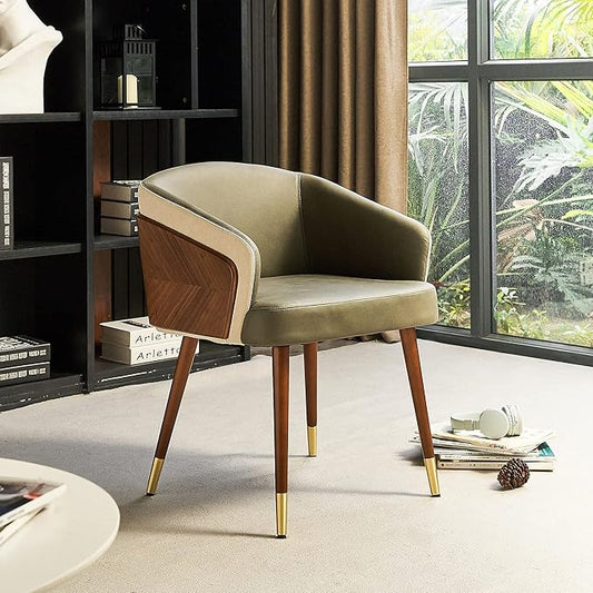 ARTPLAN Modern Upholsted Accent Dining Chairs,Mid-Century Faux Leather with Walnut for Kitchen,Office Waiting Room Arm Sitting Chair, Beech Legs Dissassembly Adjustable Feet,Army Green